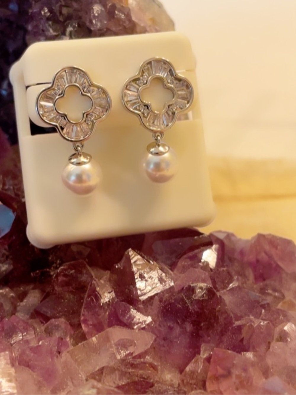 925 Sterling Silver CZ & Shell Pearl Drop Clover Earrings